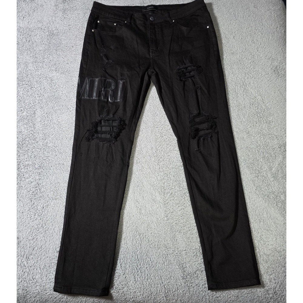 Amiri Mens 36 Distressed Jeans Black Leather Logo Applique Ripped Slim Fit